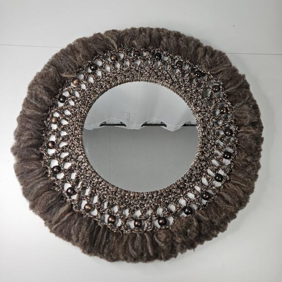 Vintage Large Macrame Wood Beaded Hanging Mirror 22" Boho Chic 70s Inspired - Picture 3 of 7